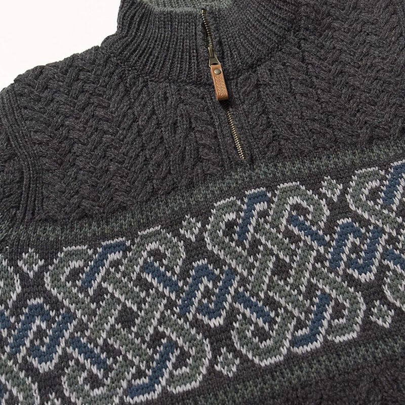 Men's Irish Cable Knit Half Zip Jacquard Sweater with Celtic Knitted Design